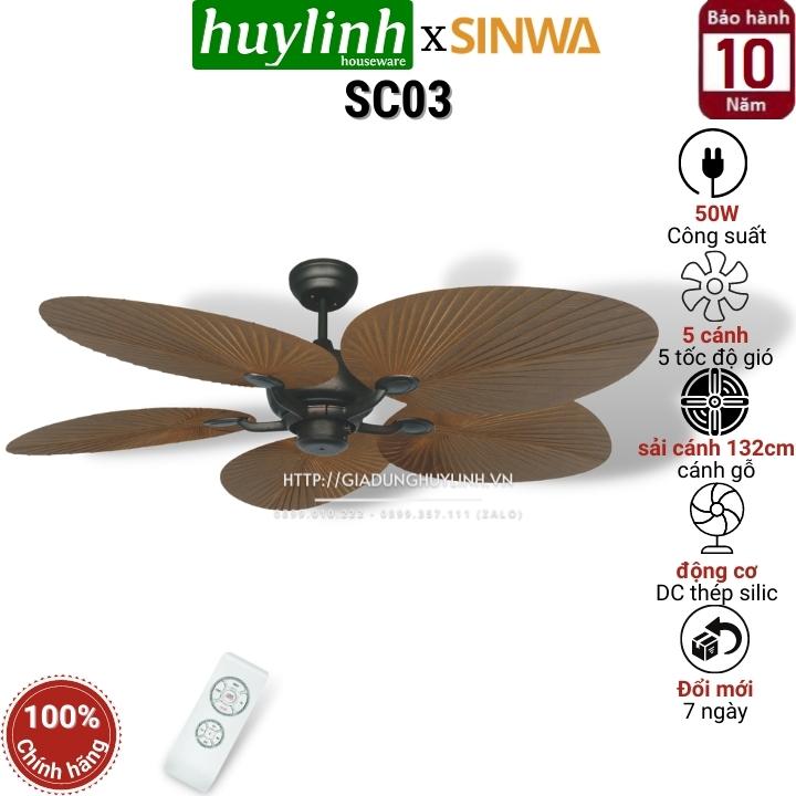 Quạt trần cánh lá cọ sinwa sc03 - 5 cánh - dc inverter