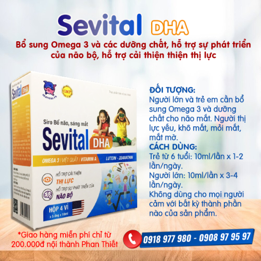 Siro Bổ não, sáng mắt Sevital DHA - Bổ sung Omega 3 và DHA giúp bổ não, cải thiện trí nhớ, giúp sáng mắt, giảm mỏi mắt