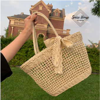 Túi cói đeo vai, làn cói, giỏ mây cầm tay phong cách vintage phối nơ ren để đi biển, chụp hình size to - Smice House