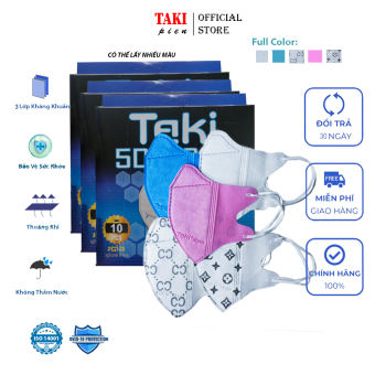 Khẩu trang 5d mask Taki (10 cái/hộp) chính hãng, y tế 3 lớp kháng khuẩn, quai thun form dáng thoái mái hiện đại, vải không dệt, quai thun, ngăn ngừa bụi mịn lên đến 95%, tiêu chuẩn iso theo quy trình Nhật Bản