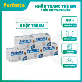 Khẩu trang y tế Perfetta Trẻ em 3 lớp màu Trắng/ Xanh (35 cái/ hộp) đóng gói riêng từng cái