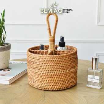 Giỏ mây chia ngăn có quai xách, giỏ mây tre đan đựng đồ đa năng Bemiao