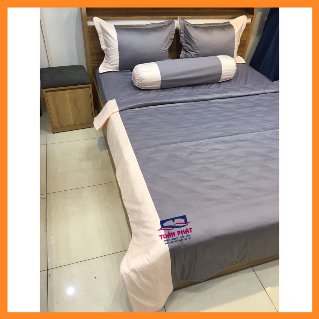 Bộ chăn ga gối cotton satin hàn quốc màu xám phối hồng – tuấn phát