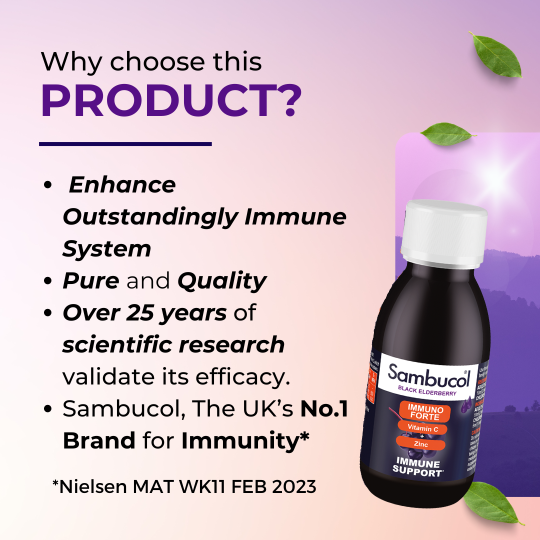 Why Choose Sambucol Immuno Forte Liquid, With Vitamin C and Zinc, Strengthen Immune System, No Artificial Colours, 120 - 230ml