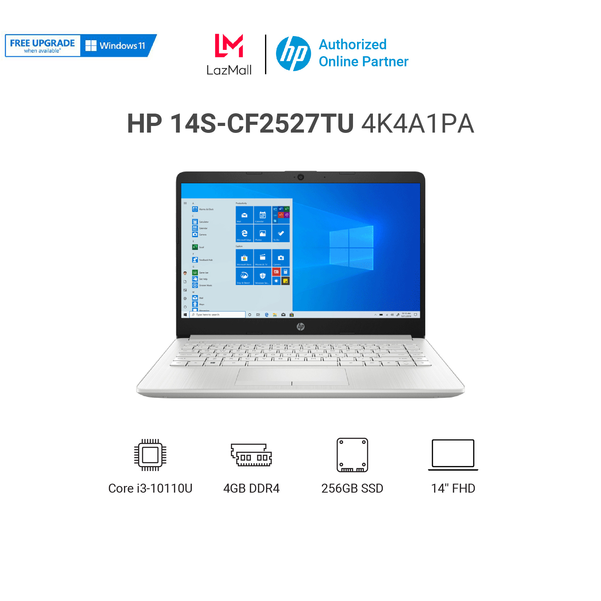 [Giảm 1Tr5 đơn 13Tr] Laptop HP 14s-cf2527TU 4K4A1PA |i3-10110U | RAM 4GB | 256GB SSD|14" HD| Win 11