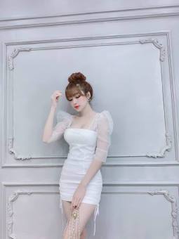 Đầm body cổ vuông tay lưới nữ tính.fashionlyly