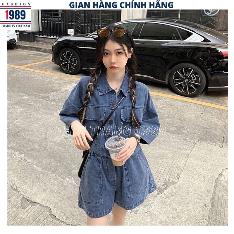 Sét áo bò croptop kèm quần short cạp chun- sơ mi jean ngắn tay lỡ 2 màu xanh đậm nhạt phong cách ulz