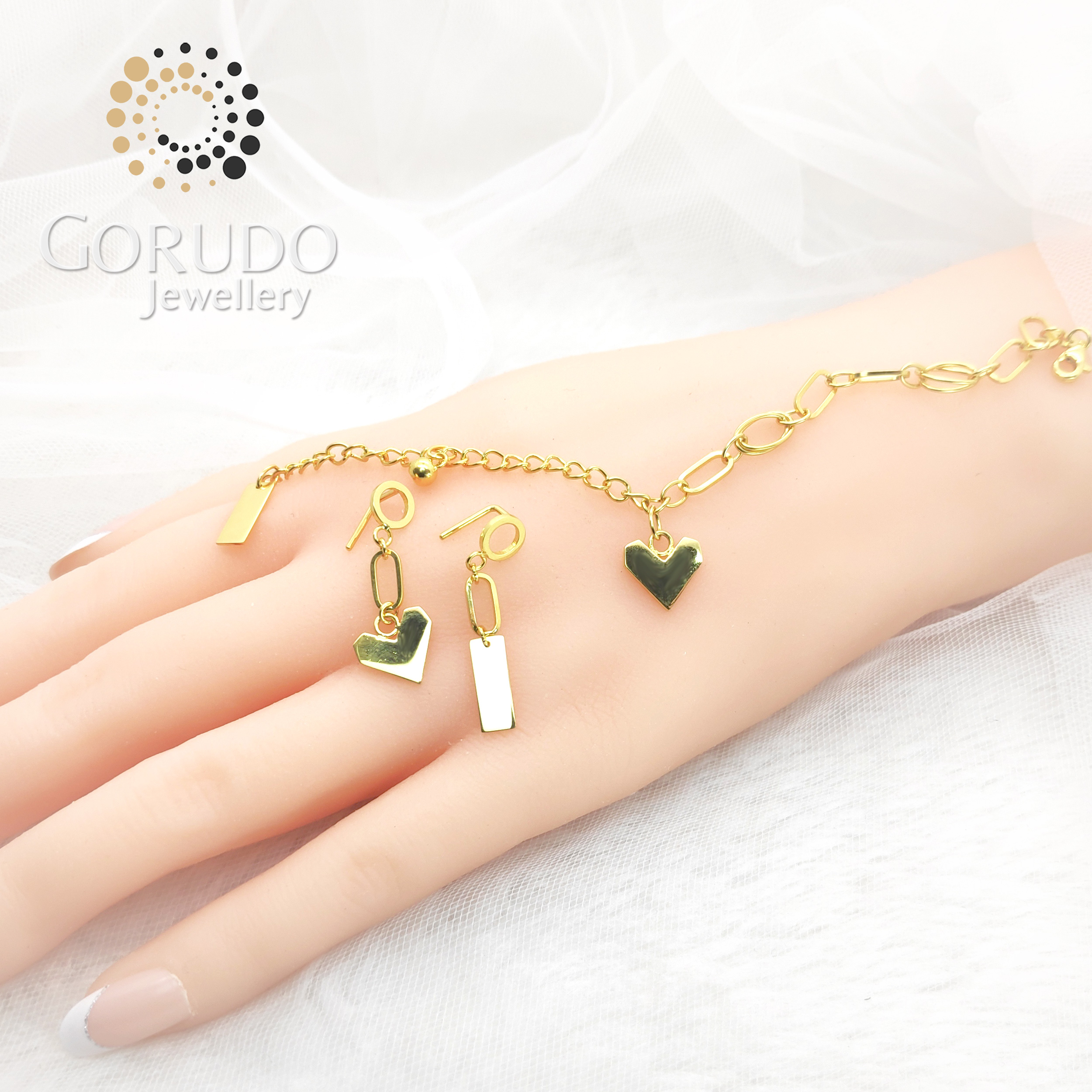 Gorudo Jewellery in oro puro 999 con cuore + sfera + barra bi-braccialetto/orecchino/catena (set di gioielli)
