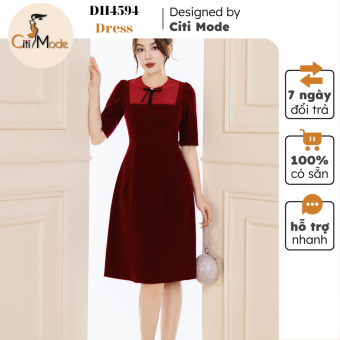 Đầm công sở CITI MODE FASHION thiết kế dáng A nhung phối ren đỏ đính nơ DH4594