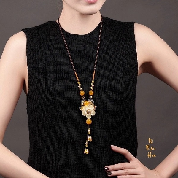 VC018 Vòng cổ chuỗi hạt mã não vàng đính đá lưu ly ngọc trai nước ngọt đá thạch lựu hoa xà cừ kết hoa hợp kim phong cách cổ điển