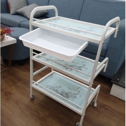 Xe đẩy 3 tầng mặt kính hoa văn dùng trong spa, phun xăm thẩm mỹ, nail...