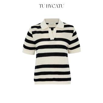 TUBYCATU | Áo dệt kim cổ polo sọc màu đen/ nâu full stripe polo