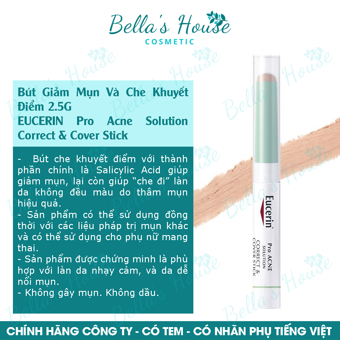 Hcm. bút giảm mụn và che khuyết điểm - eucerin pro acne solution correct & cover stick 2.5g.