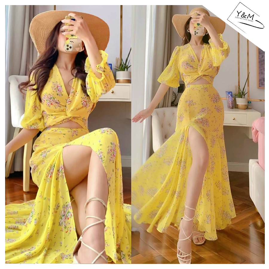 Đầm maxi hoa nhí đi biển du lịch xẻ tà freeship đầm nữ dáng dài sexy hở bụng