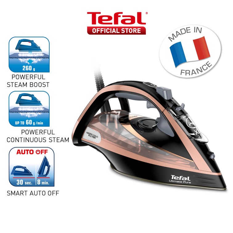 Tefal Ultimate Pure Steam Iron FV9845 - 350ml , 3000W, Durilium AirGlide Autoclean soleplate, Anti-drip, Anti Calc, Auto off, 260g/min steam boost, Made in France