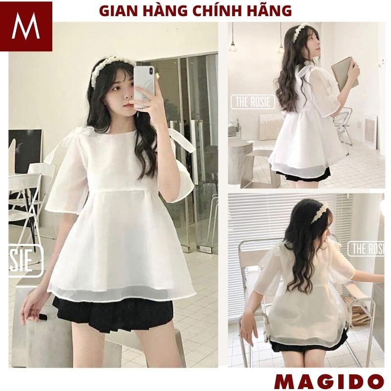 Áo babydoll voan 2 lớp nơ vai kiểu dáng hàn quốc cực dễ thương ulzzang  áo kiểu nữ  áo đẹp -MAGIDO