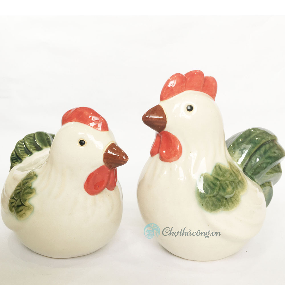 Gà gốm sứ tráng men trống / mái size lớn - Tượng gốm mộc mạc, xinh xắn trang trí, decor vintage