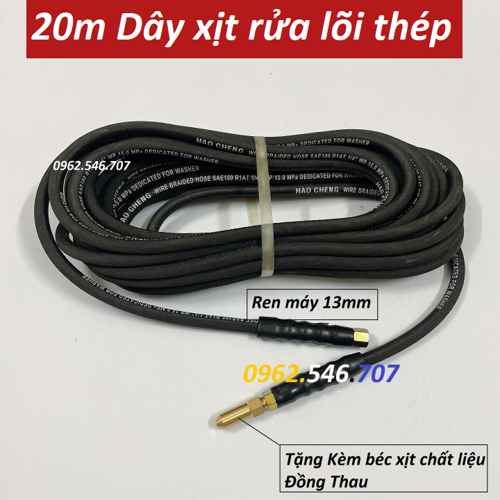20m Dây xịt rửa tặng kèm béc đồng, dây rửa xe lõi thép áp lực cao cấp cho máy rửa xe cao áp, máy xịt rửa