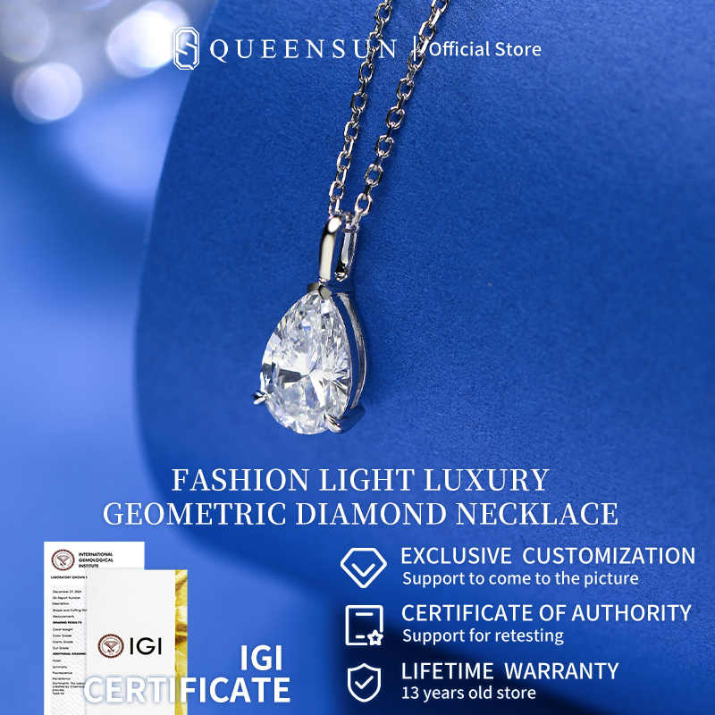 QUEENSUN 18K Gold Cultivation Diamond Shaped Single Diamond Pendant Pear  Necklace Women
