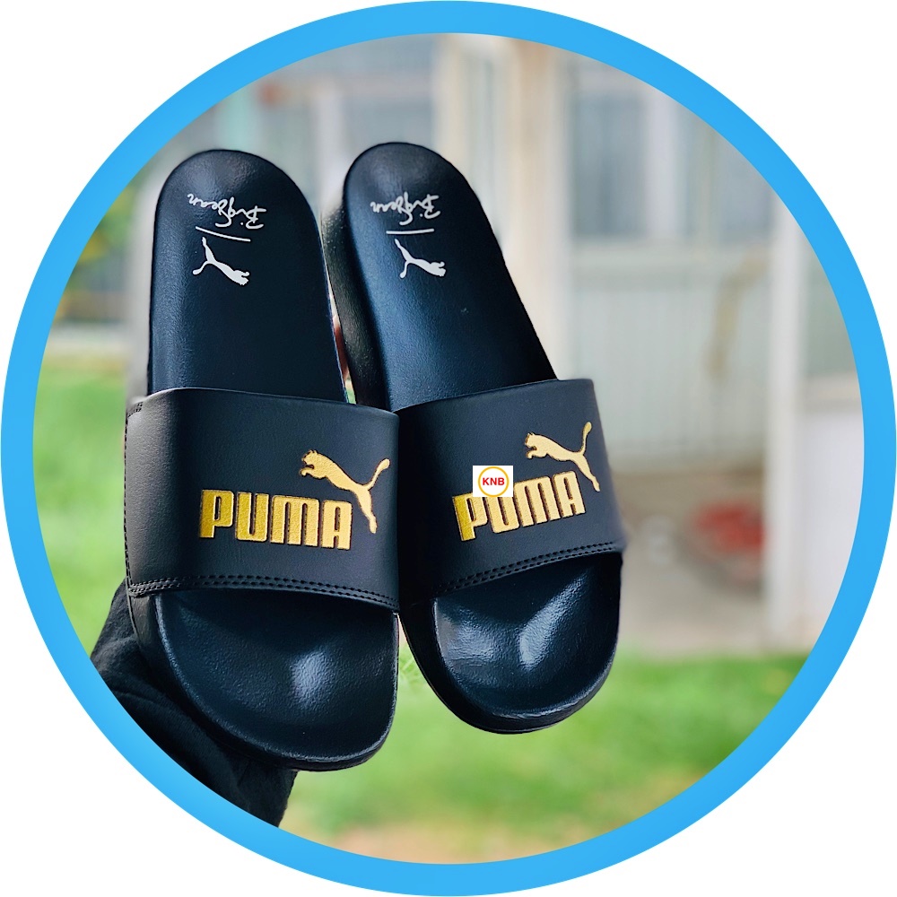 Dép quai ngang thể thao nam nữ, Dép puma mlb bóng chài quai ngang thể thao nam nữ,dép puma nam nữ màu đen logo vàng