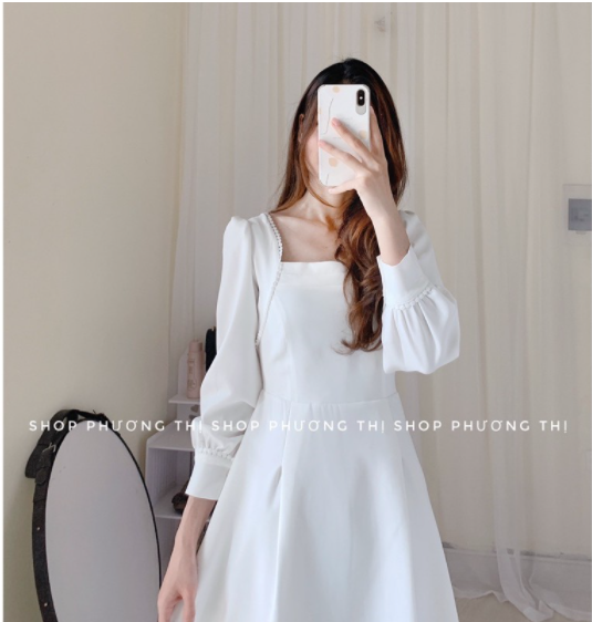 Váy đầm dự tiệc cổ vuông dáng dài Váy dài tay màu trắng kiểu dáng thanh lịch