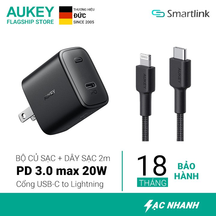 Combo củ kèm cáp sạc nhanh 2m USB-C to Lightning Aukey PA-F1S 20W chuẩn PD - Chính hãng - Bảo hành 18 tháng