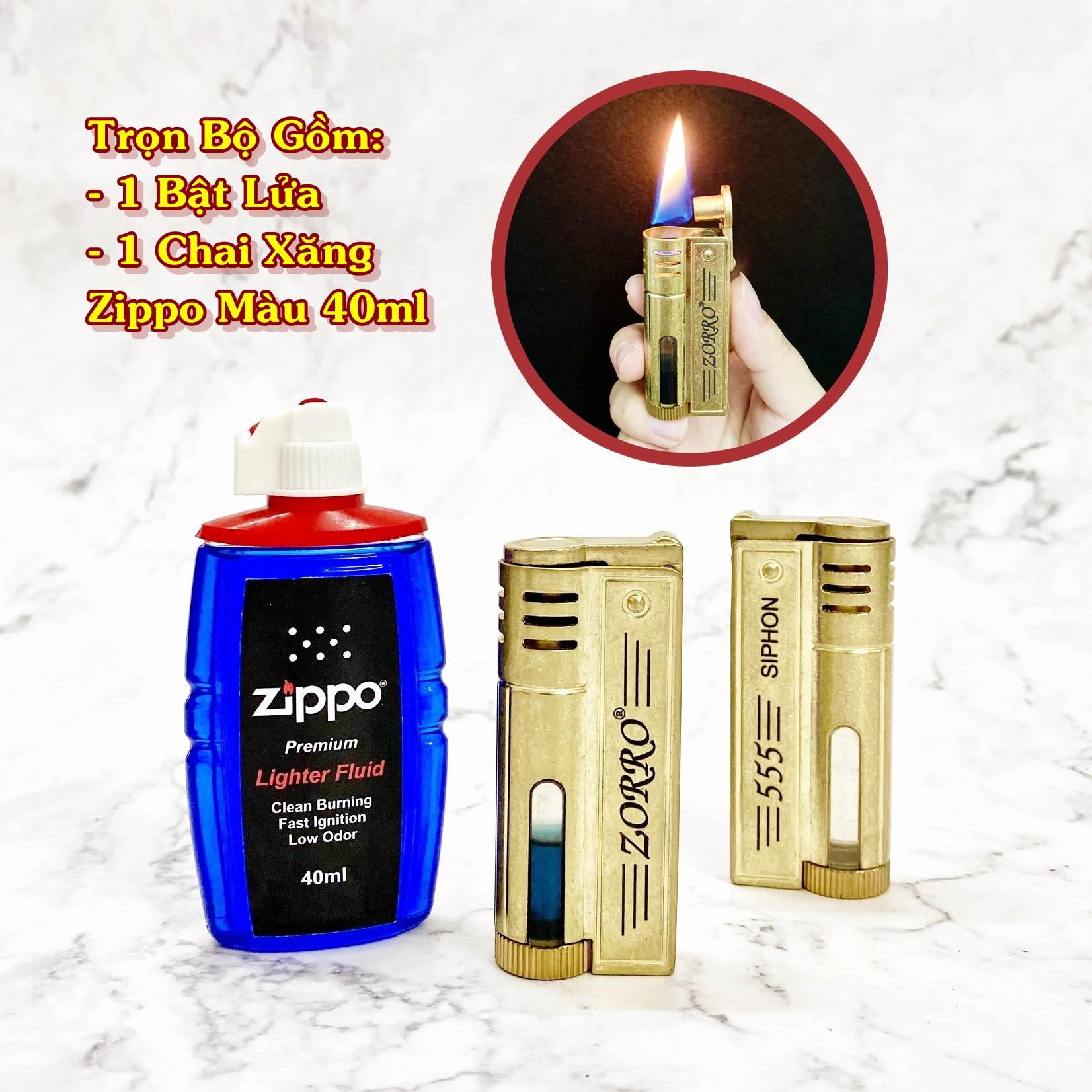 Bật lửa xăng lộ thiên z0rro siphon-555 tặng kèm chai xăng màu