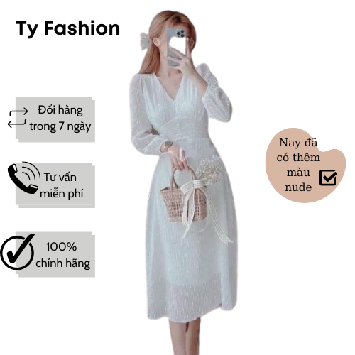 Đầm trắng dự tiệc cổ v trắng/ nude tyfashion tf193 tay dài sang trọng sml