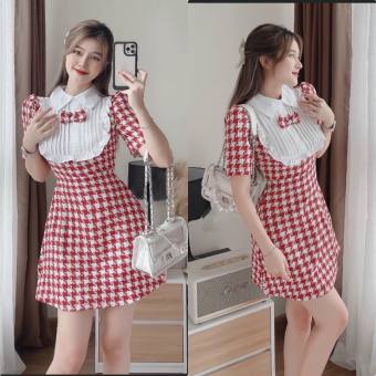 Đầm tiểu thư sọc caro đỏ phối cổ bèo xếp ly đính nơ cực xinh