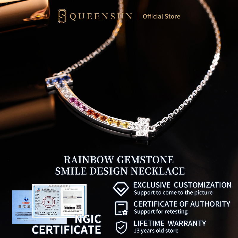 Queensun necklace 18K gold lab diamond necklace rainbow smile dopamine smiling face collarbone chain colorful necklace for women微笑彩色钻石锁骨链女 珠宝礼物minimalist pendant，Necklace for women，18k gold jewellery