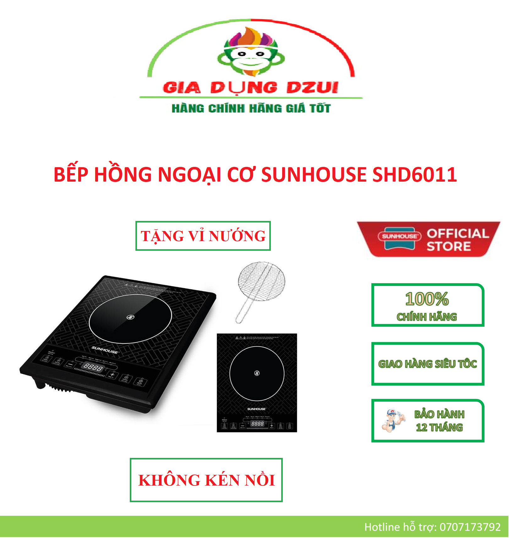SHD6011 - BẾP HỒNG NGOẠI CƠ SUNHOUSE [TẶNG VĨ NƯỚNG] – BẢO HÀNH CHÍNH HÃNG 12 THÁNG