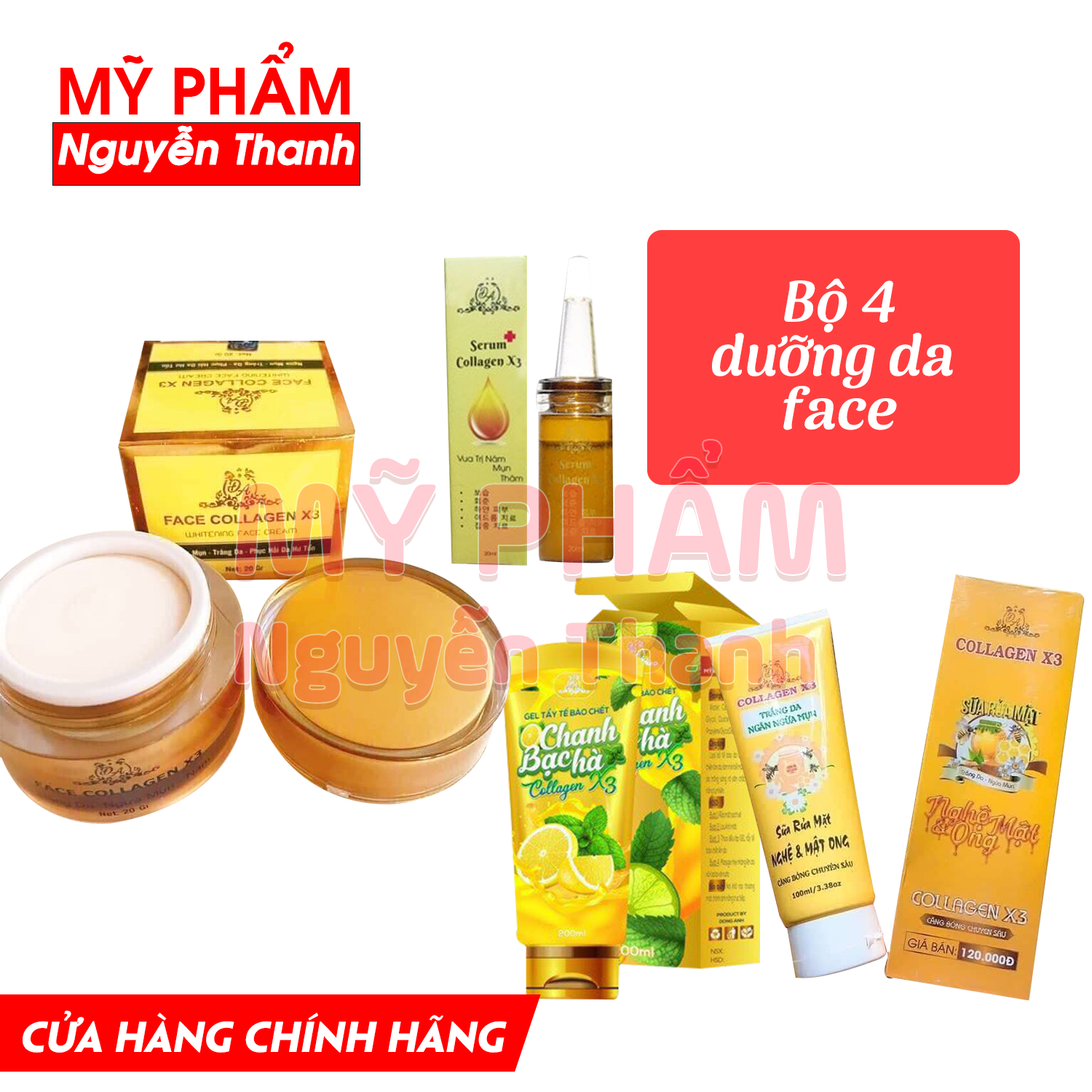 Bộ 4 dưỡng da mặt gồm: Serum collagen x3, tẩy tế bào chết chanh x3, sữa rửa mặt collagen x3 và kem face collagen x3 (Chính hãng)