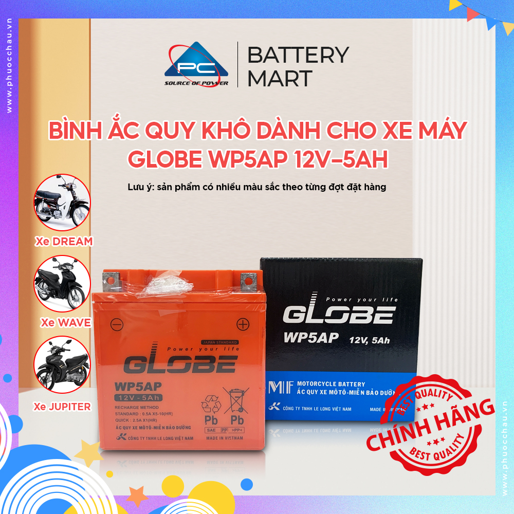Ắc Quy Khô Xe Máy Globe WP5AP 12V-5AH Dream Đời Đầu, Wave Đời Đầu, Future Đời Đầu, Sirius Xăng Cơ, Xe Jupiter V/R Taurus Đời Đầu