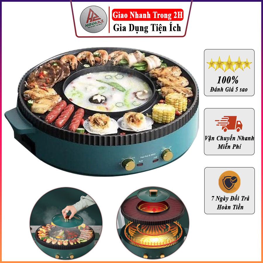 Bếp lẩu nướng đa năng, bếp lẩu nướng 2 trong 1 bề mặt chống dính tiện lợi thông minh - free ship