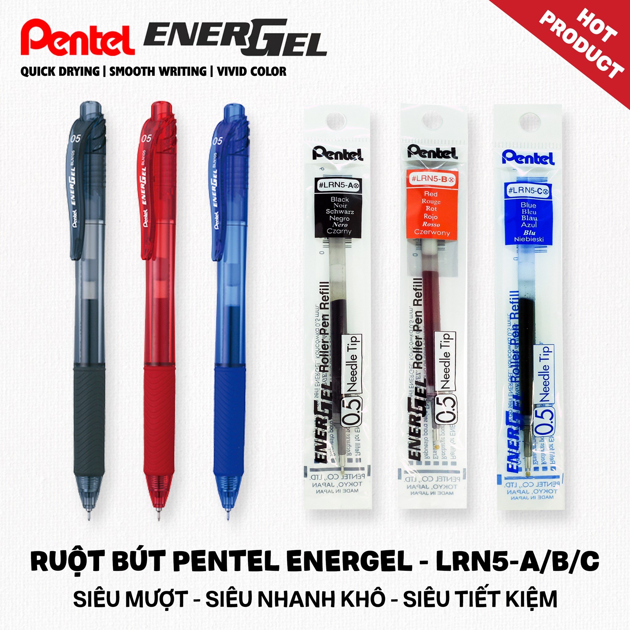 Ruột bút ký nhật bản pentel lrn5 | ngòi 0.5mm | ngòi bút pentel energel chính hãng | 3 màu mực