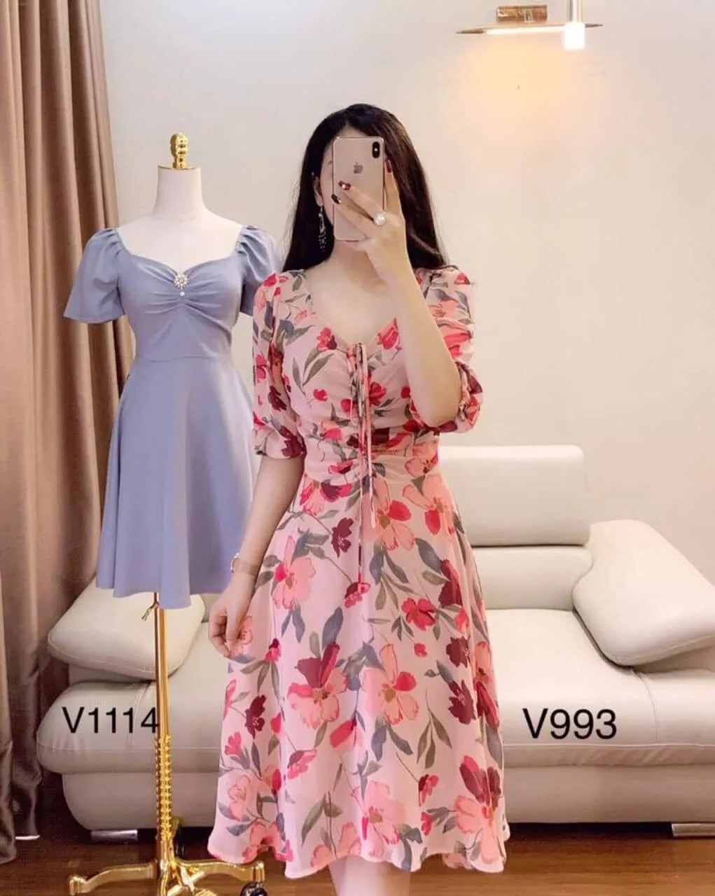 Đầm nữ nhúm ngực , họa tiết hoa lan phối voan tay lỡ hàng thiết kế vn993