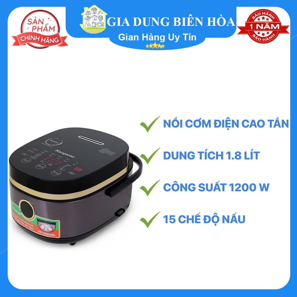 Nồi cơm điện cao tần Kangaroo 1.8 lít KG599N-sử dụng cho 4-6 người-Công suất:1200W-Lòng nồi dày:2mm-Hợp kim phủ chống dính-Chức năng nấu:9 chế độ nấu