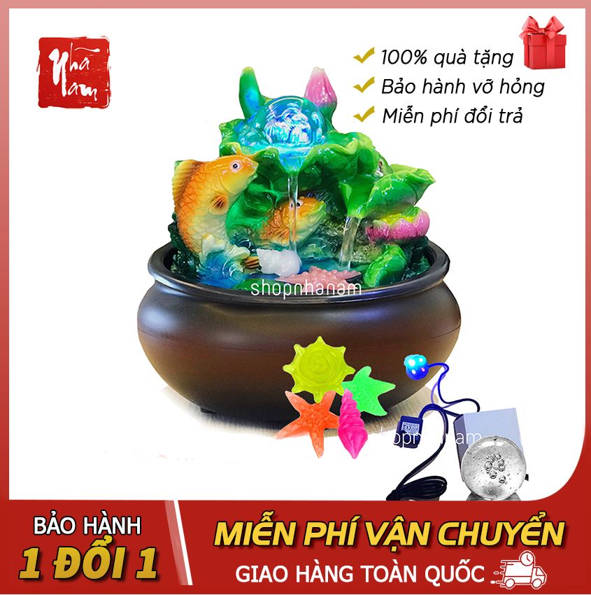 [TẶNG PHỤ KIỆN] Thác nước phong thủy cá chép vượt vũ môn Phong Thủy Nhã Nam tặng bộ phụ kiện máy bơm, quả cầu thủy tinh, sỏi dạ quang