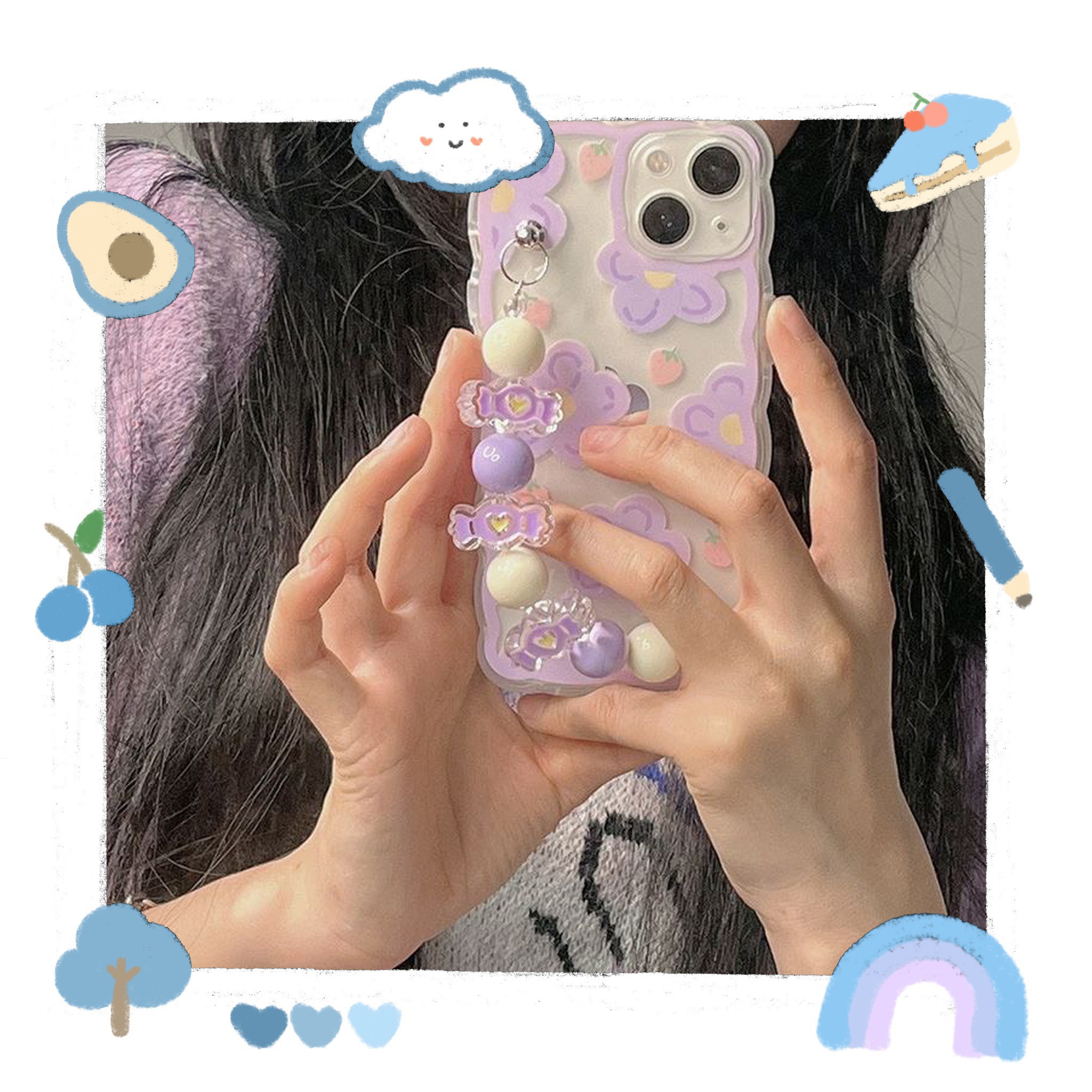 Ốp iphone full viền trong hoa tím kèm dây xích