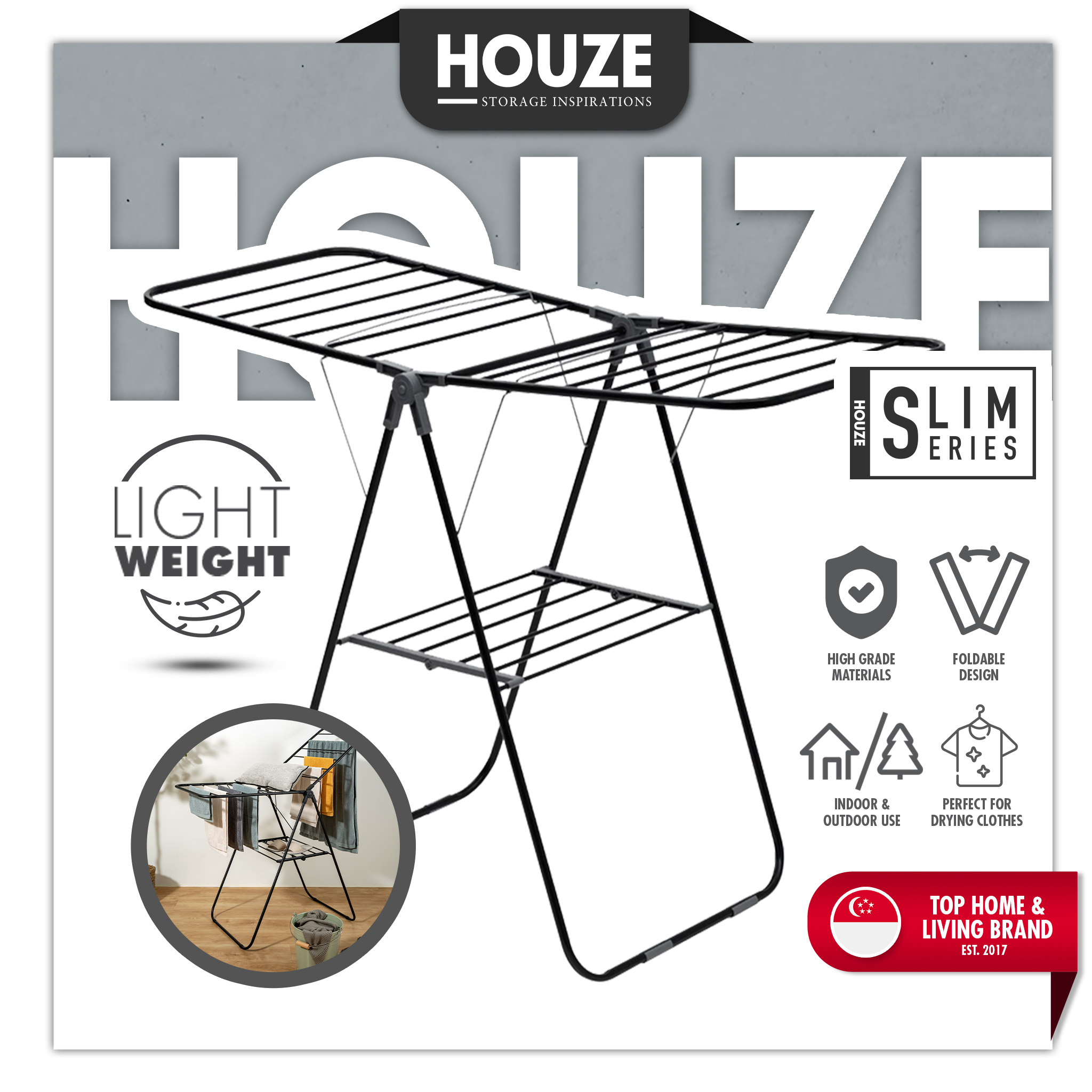 Dry clothes with HOUZE 2-Fold Clothes Drying Airer Rack Grey – HOUZE  Singapore