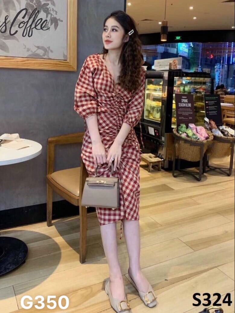 Đầm caro nữ dáng ôm tay ngắn nhún ngực kiểu rút dây kate G350