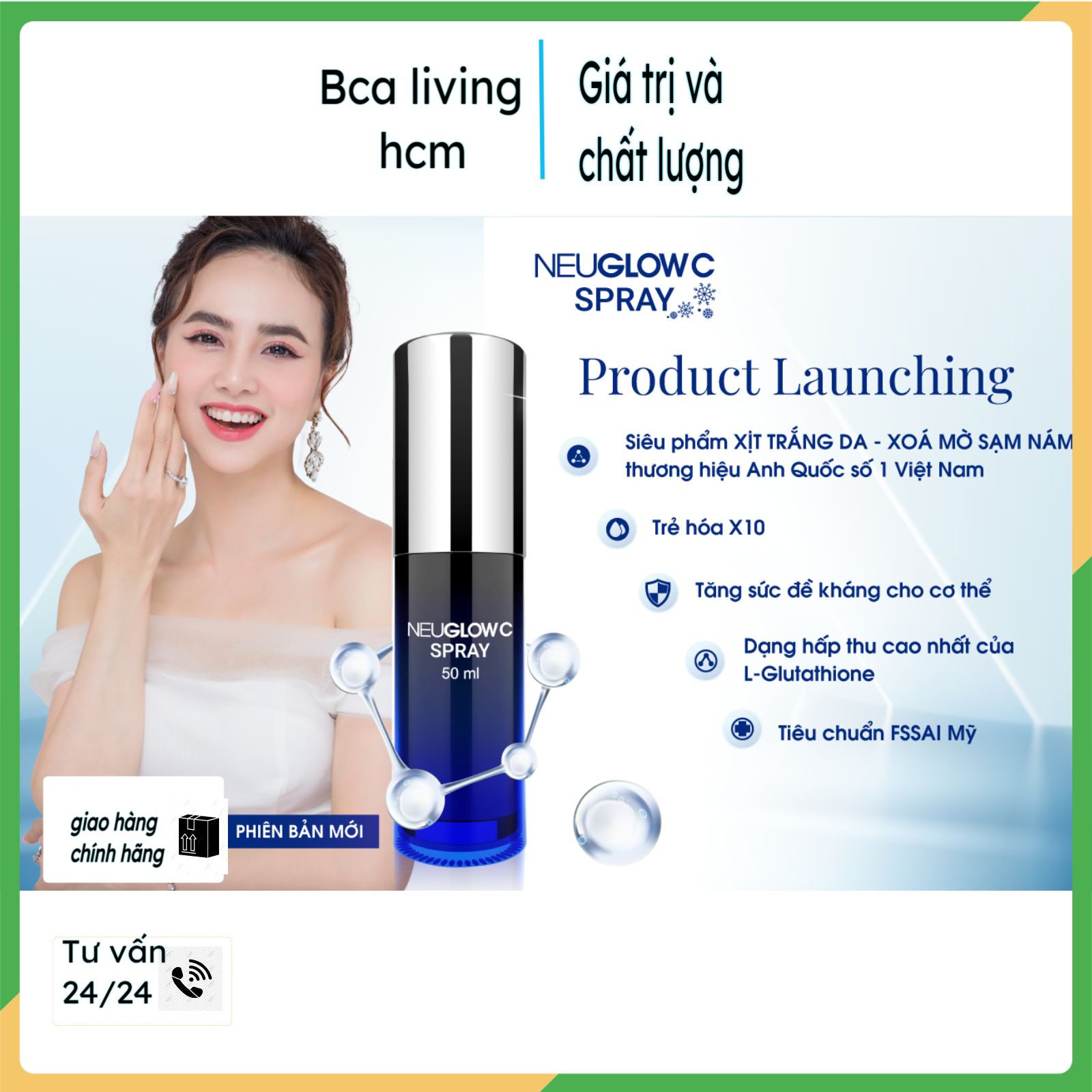 Siêu phẩm Neuglow C Spray trắng da toàn thân, nâng tông và nuôi dưỡng ,xoá sạm nám xịt dưới lưỡi,bcalivinghcm,tối ưu hấp thu,nâng tông da trắng sáng vượt trội,nuôi dưỡng da mịn màng và mờ sạm nám nếp nhăn
