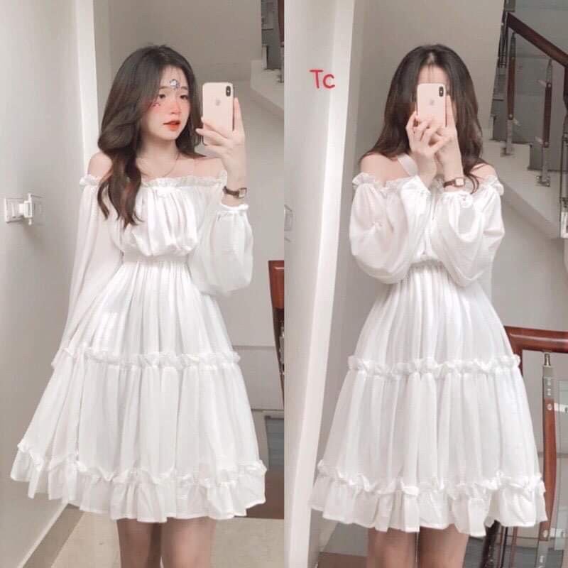 Váy trễ vai bánh bèo, đầm trễ bánh bèo voan 2 lớp chất bao đẹp cho các bạn nữ nhé
