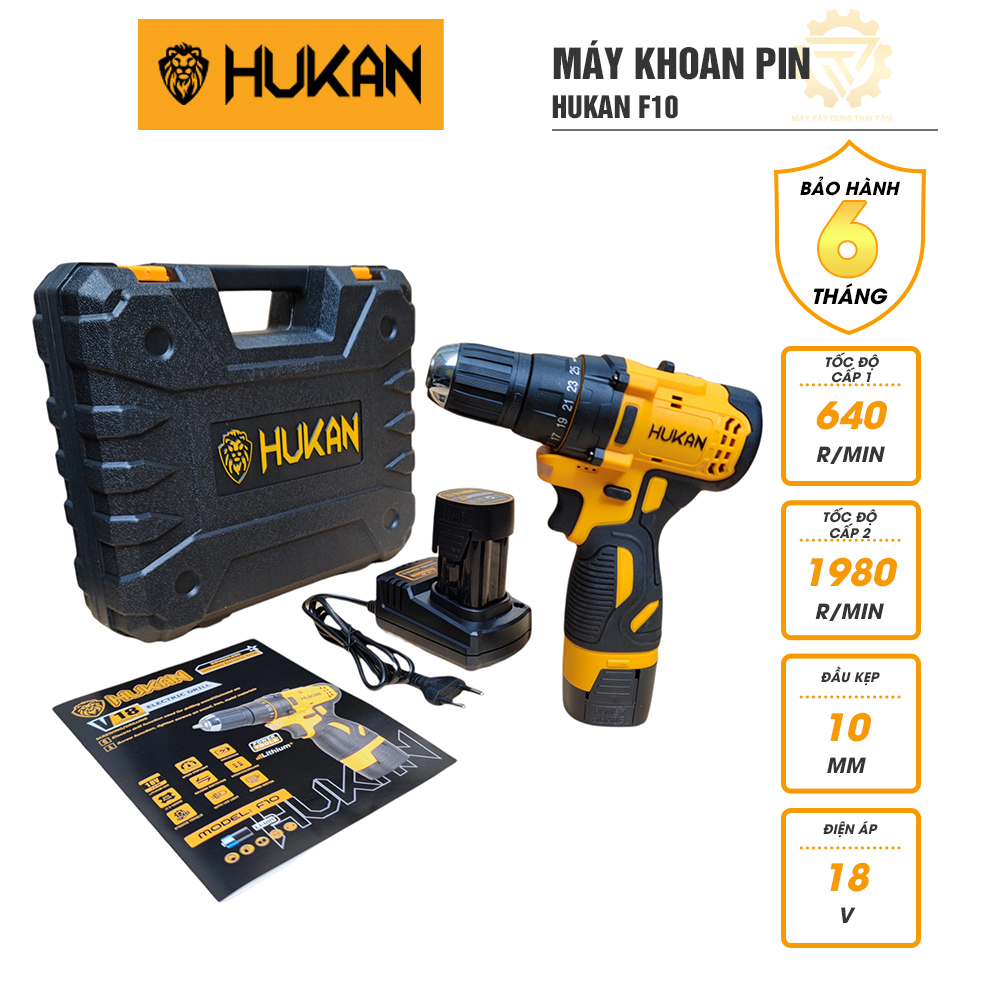 Máy khoan pin HUKAN F10 18v không chổi than tặng kèm túi đựng đồ nghề