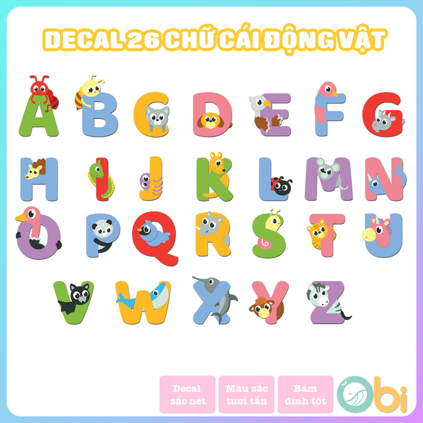 Decal trang trí phòng bé - 26 chữ cái động vật dán tường obi