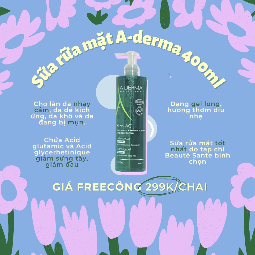 Sữa rửa mặt cho da nhạy cảm a-derma phys-ac gel 400ml