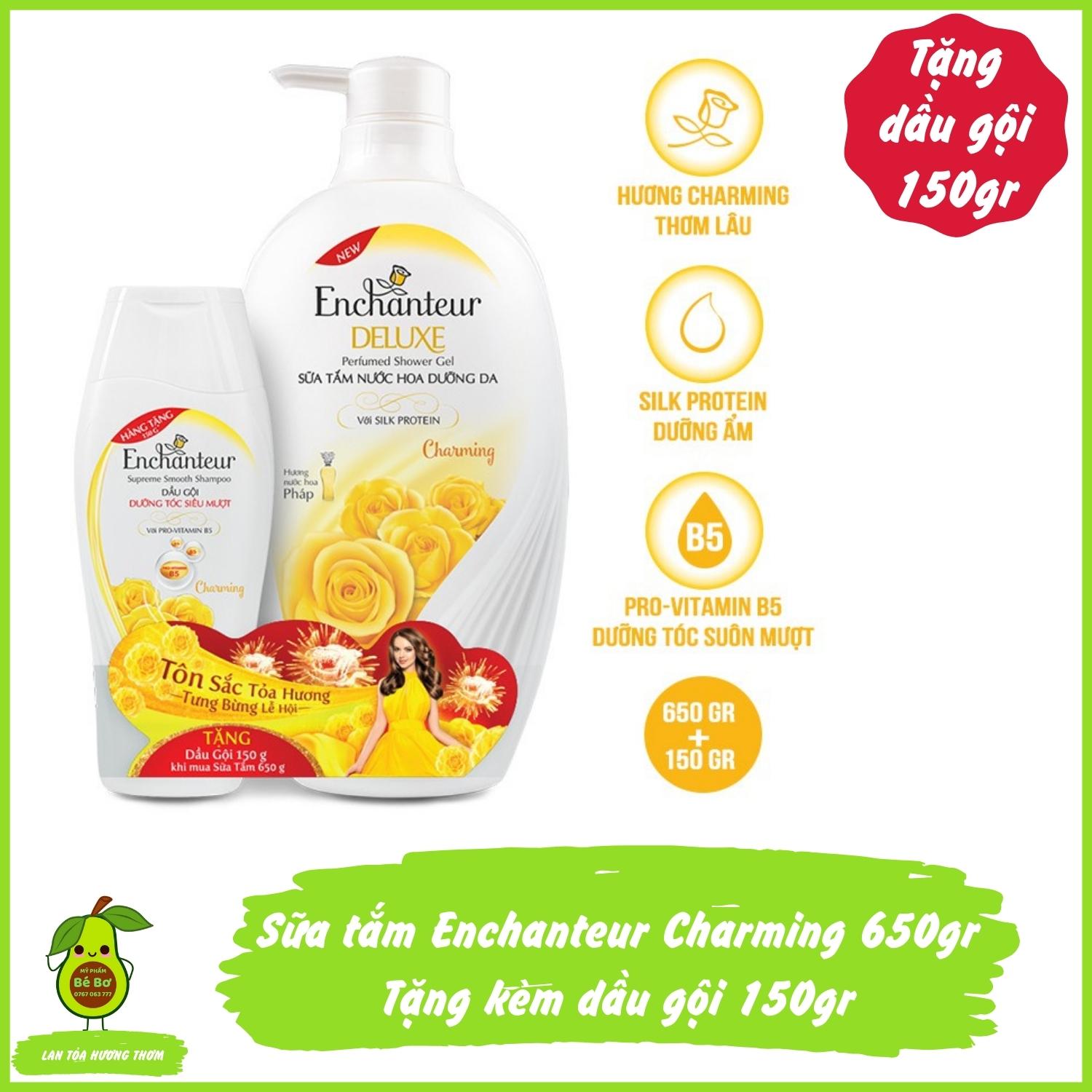 Sữa tắm Enchanteur Charming 650gr tặng kèm dầu gội 150gr - Sữa tắm dưỡng da trắng mịn hương nước hoa phù hợp mọi loại da