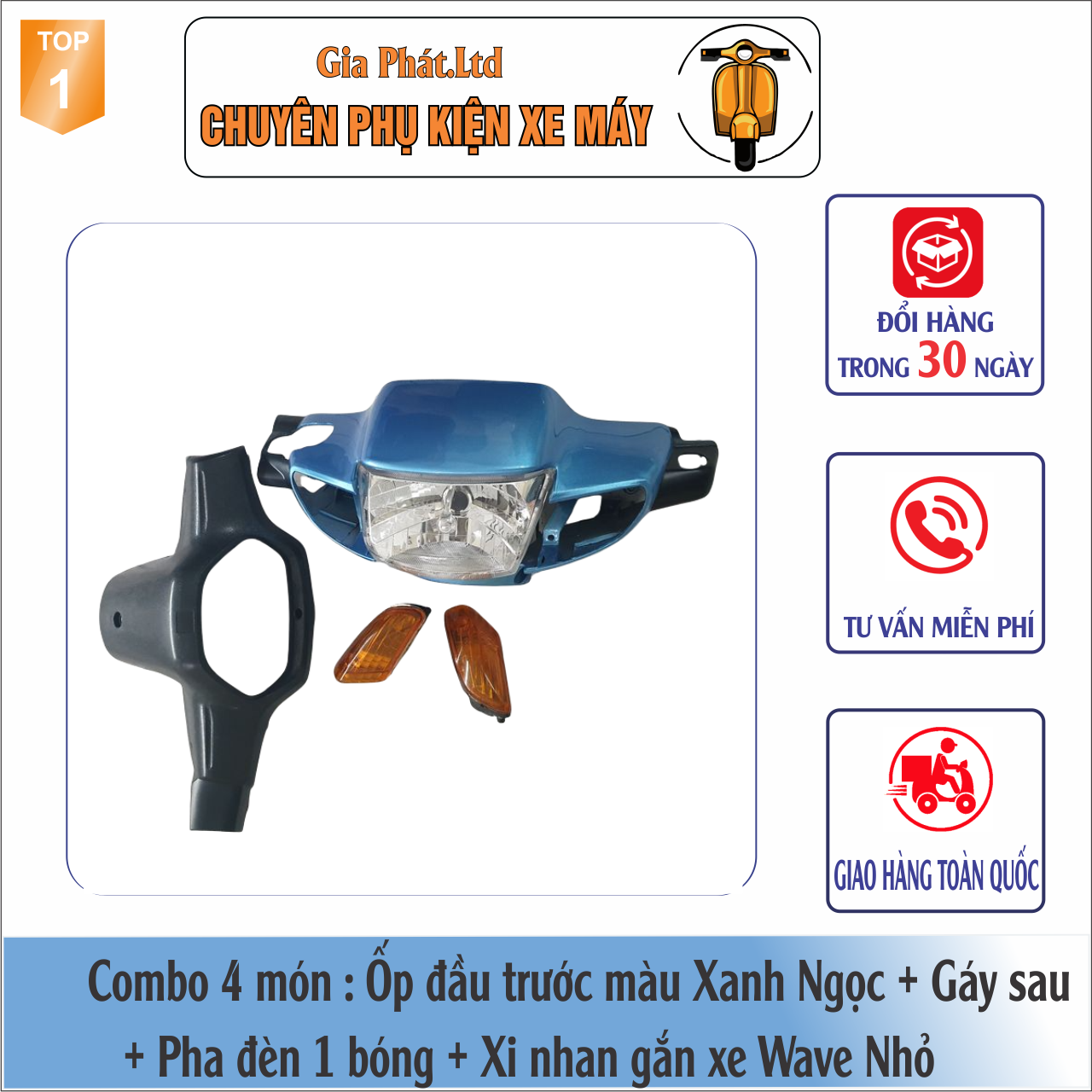 Combo ốp đầu trước màu xanh ngọc gắn xe wave thái, zx, wave 110 đời 1997-2006 đủ ốp đầu, gáy, pha đèn, xi nhan