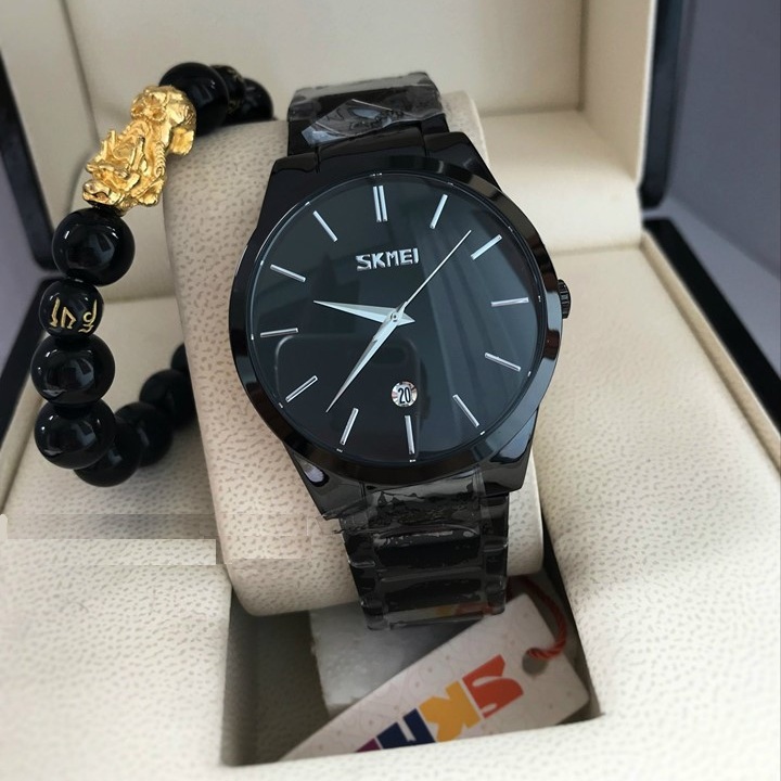 HOÀN TIỀN 15% - Đồng hồ nam Skmei dây thép không gỉ có lịch ngày chống nước tốt + shop tặng kèm vòng tay tì hữu may mắn tài lộc và hộp kèm pin dự phòng - shop bình minh