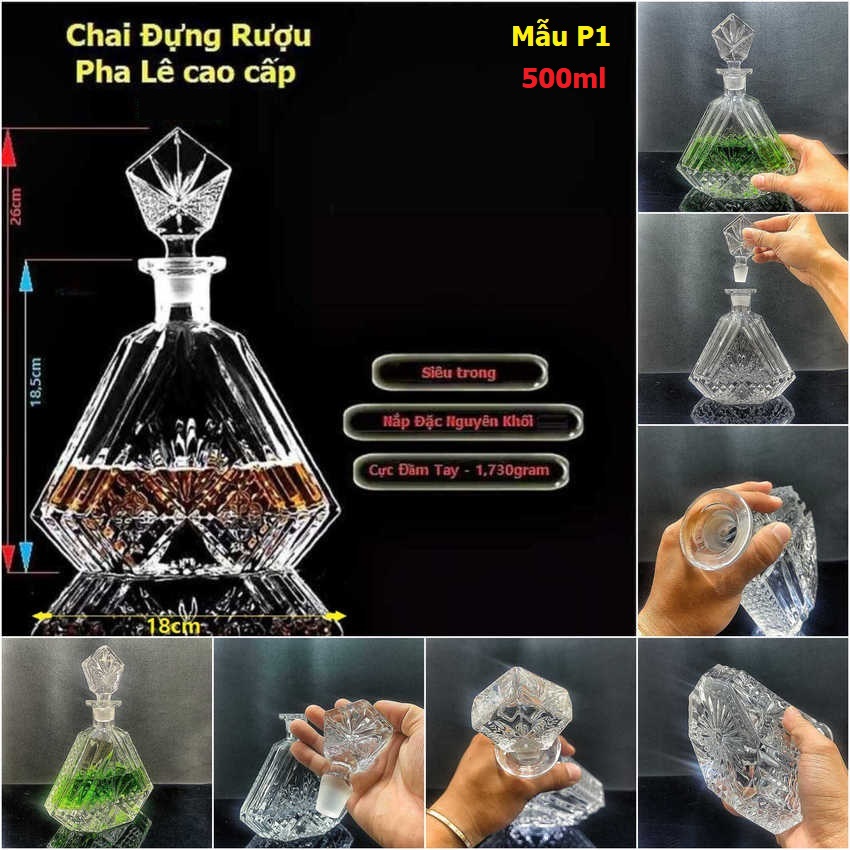 Chai Pha Lê Đựng Rượu 500ML cao cấp mẫu tam giác – Vỏ Chai Rượu Đẹp nắp đặc nguyên khối không cần gioăng – Chai Đựng Rượu Đẹp phong cách châu âu (P1)
